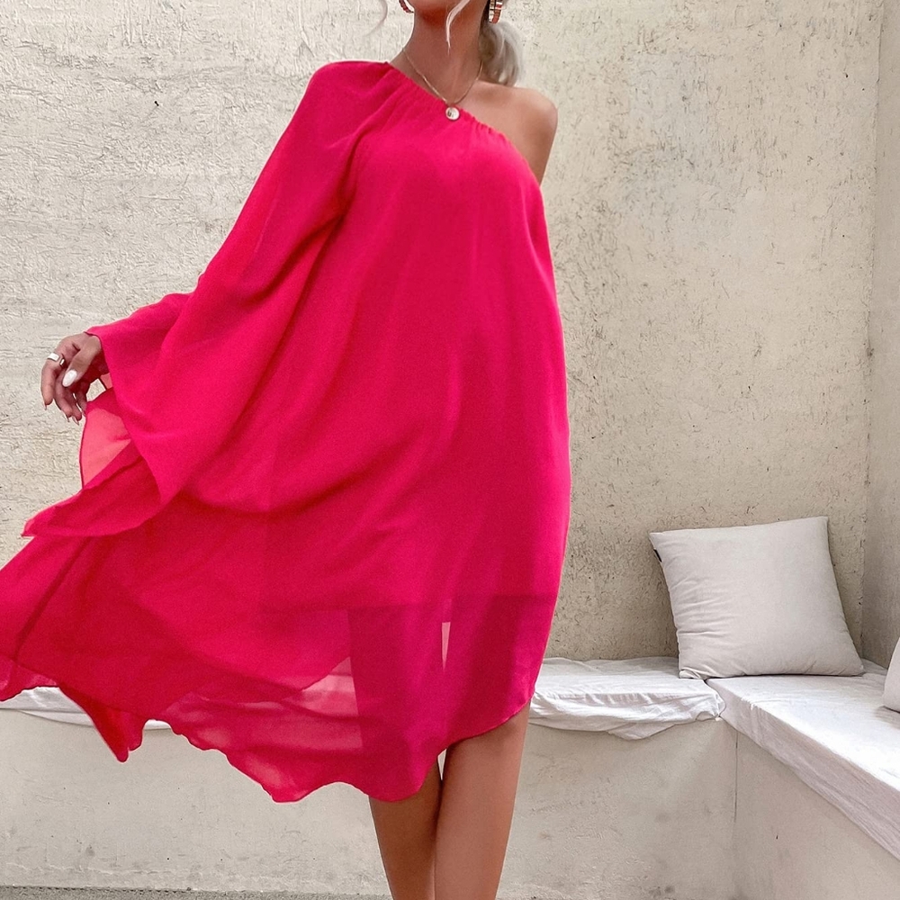 ✨3/$30 One-Shoulder Hot Pink Chiffon Dress